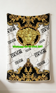 Versace Black White Gold Medusa Head Print Flannel Sofa Throw Blanket IMG_1451